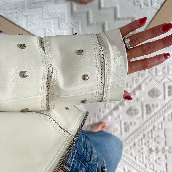 ST. JOHN Sport Leather Studded Moto Jacket White M - Picture 6 of 11